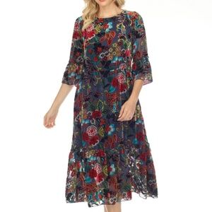Johnny Was Minto Burnout Tanya Floral Midi Dress Boho Chic
